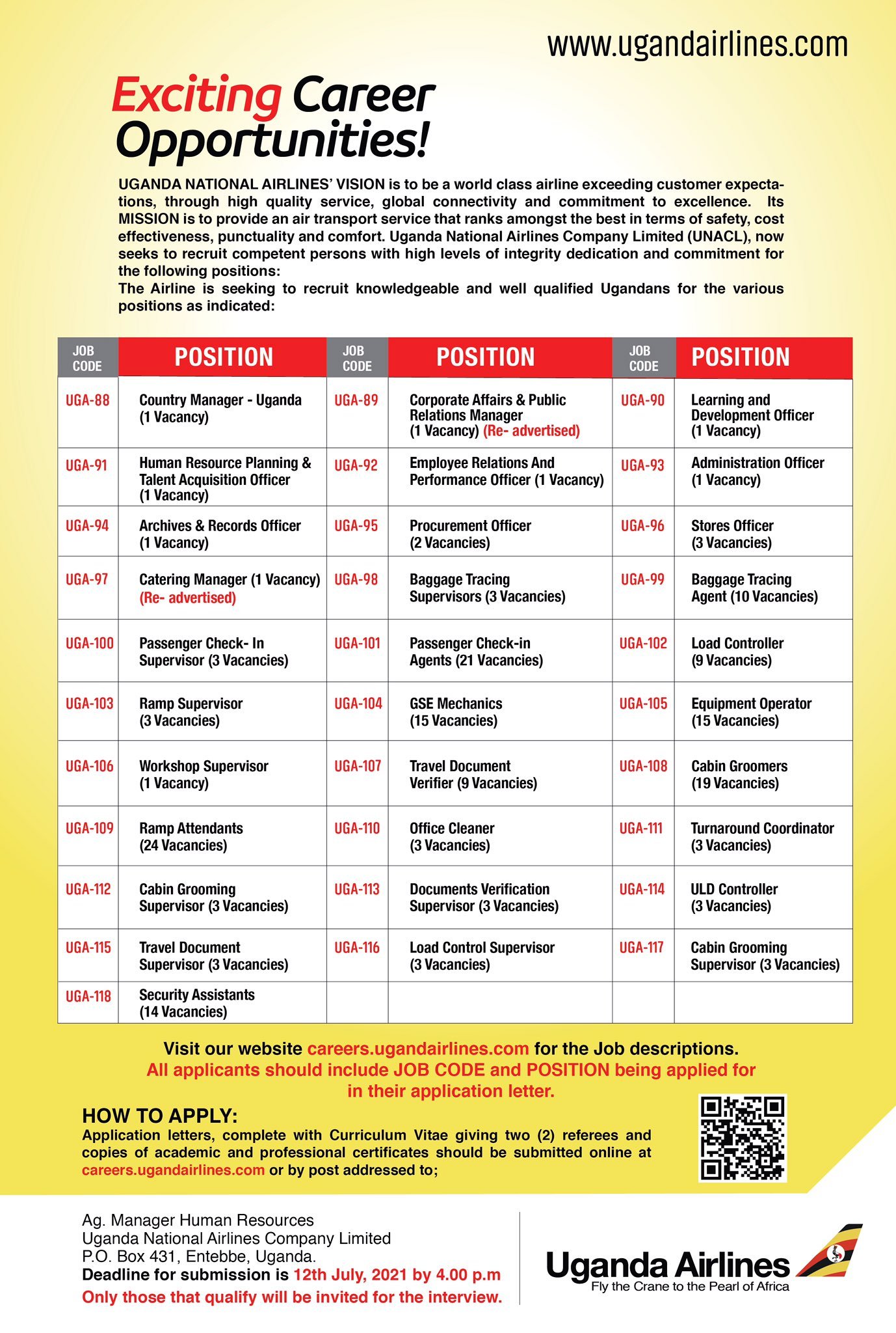 Uganda Airlines Announces 5 New Job Openings